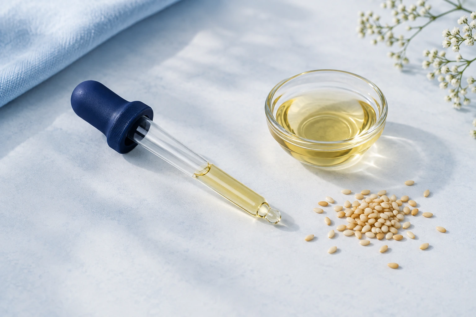 Illustrative glass dropper, oil and sesame seeds; not product administration