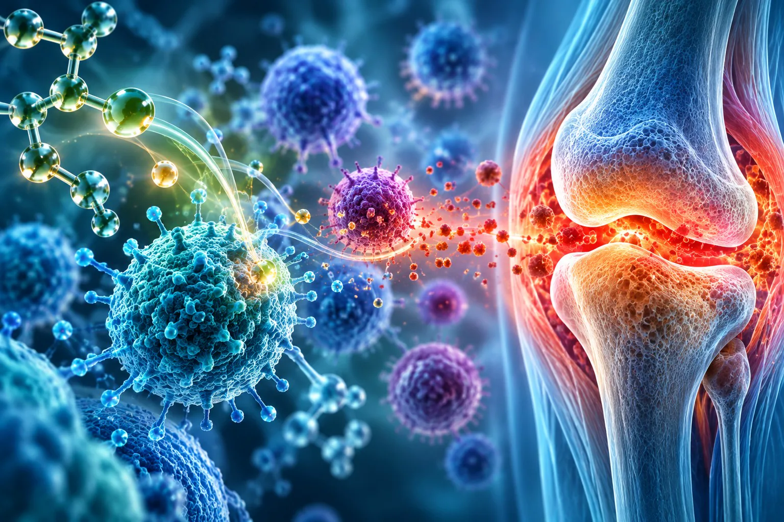 Illustrative rheumatoid arthritis joint with immune and molecular context.