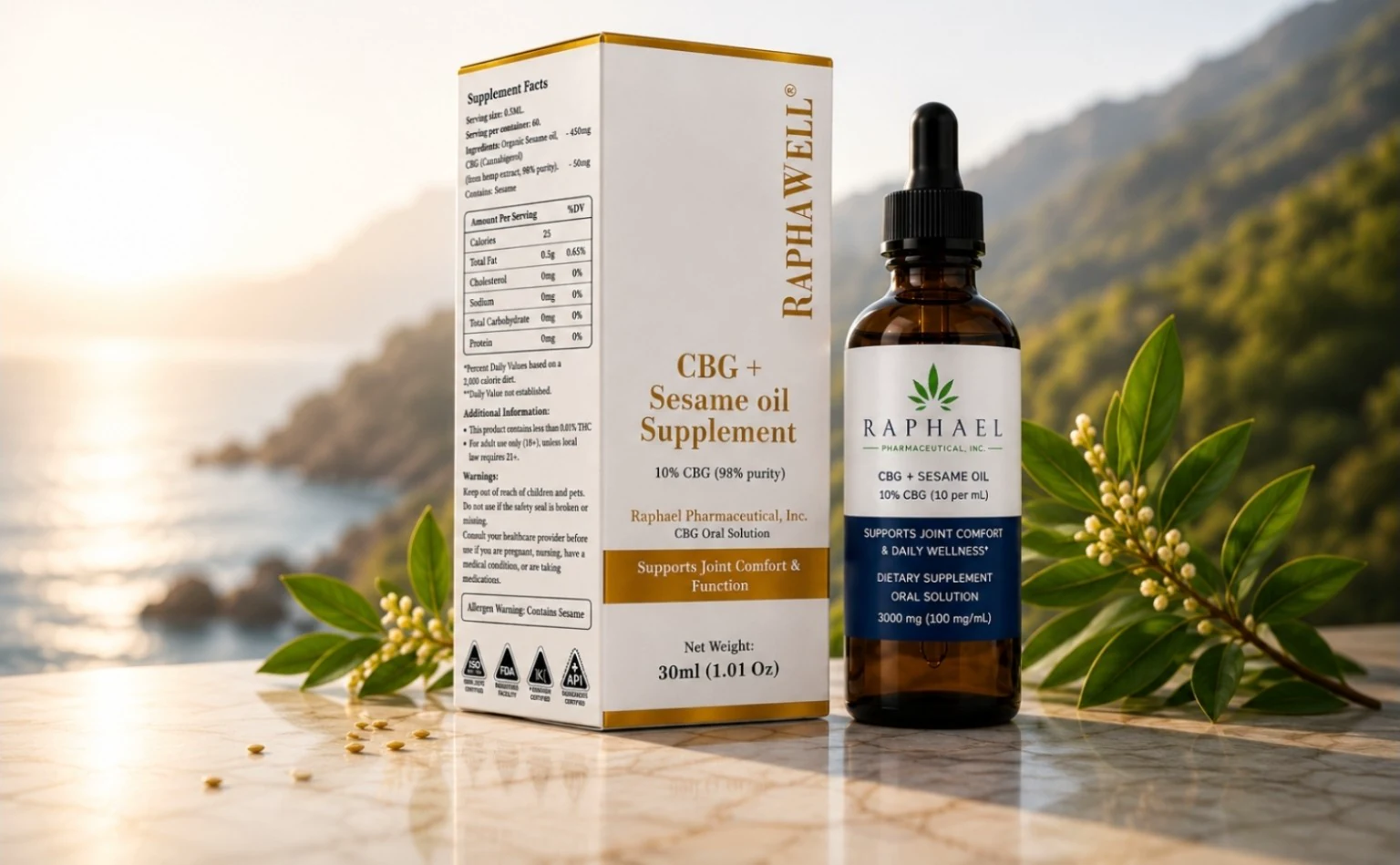 RaphaWell bottle and product box, shown in full using the existing approved product image